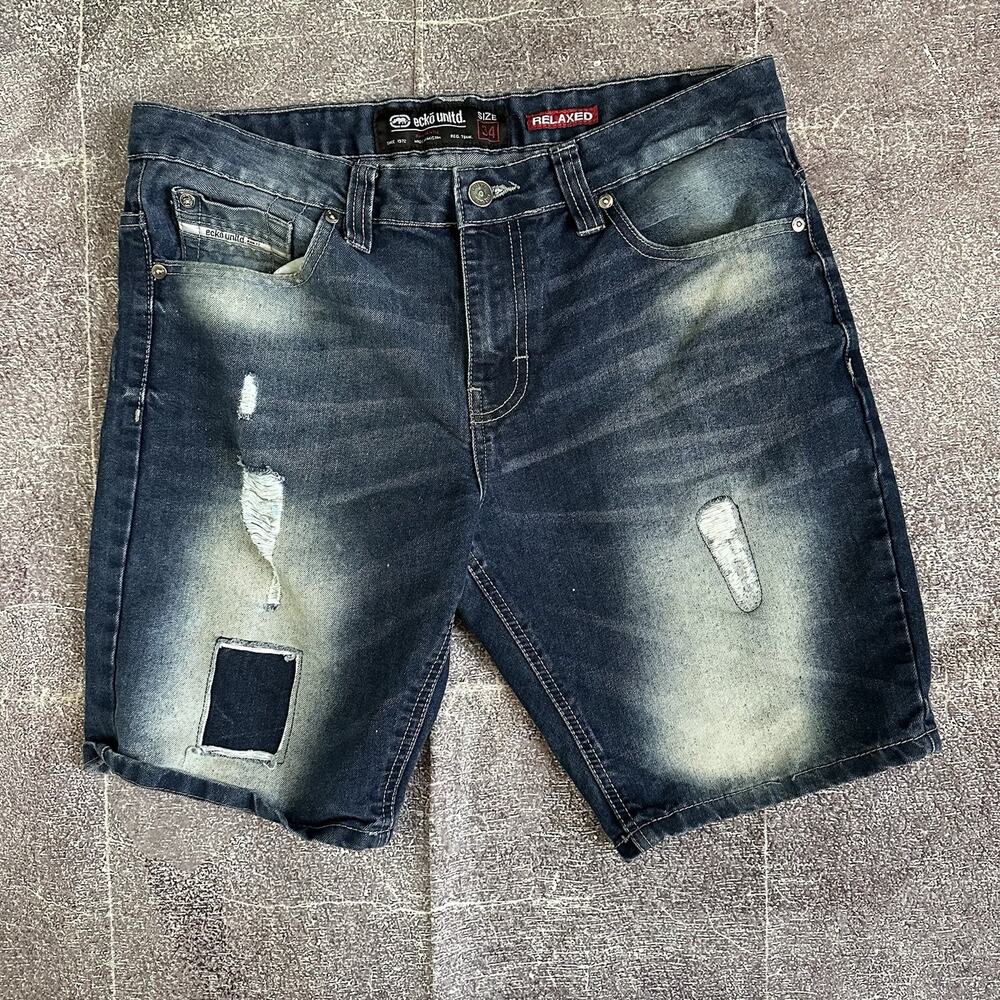 Men's Vintage Y2K Ecko Unltd Baggy 10" Dark Blue Denim Skate Jean Shorts Sz 34